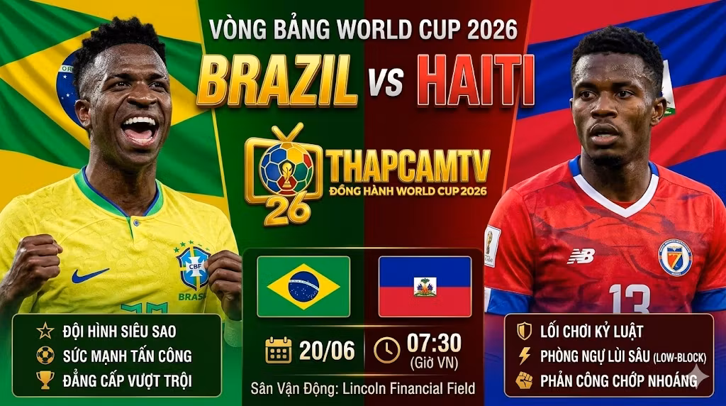 Ảnh bìa nhận định trận đấu Brazil vs Haiti tại vòng bảng World Cup 2026 với thông tin điểm mạnh hai đội và giờ thi đấu chi tiết từ ThapcamTV.